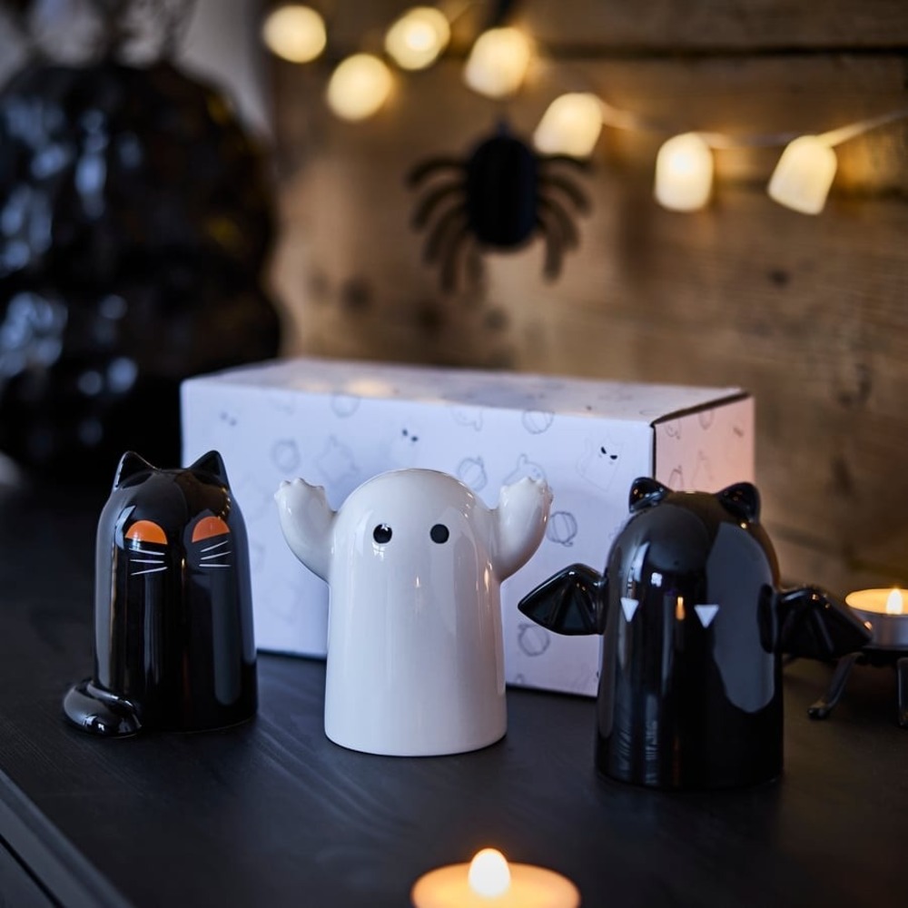 IKEA KUSTFYR Halloween Decorations Set of 3 Ceramic Ghost Cat Bat New